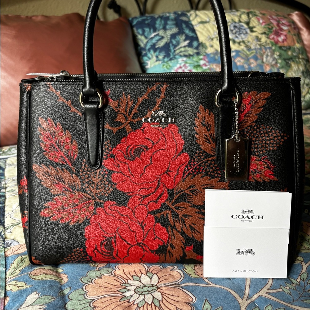 Coach Black and Red Floral Satchel